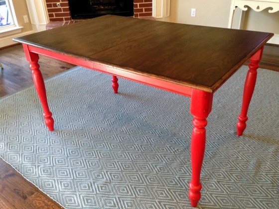 Oak Table Turned Farmhouse Table with red legs and restained top