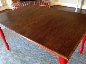 Oak Table Turned Farmhouse Table Red Legs Restained Top Detail