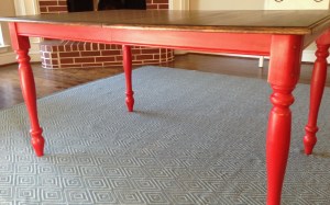 Oak Table Turned Farmhouse Table Red Legs Restained Top Side Detail