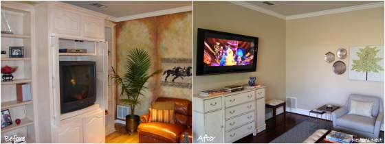 Family Room Corner View Before and After Collage
