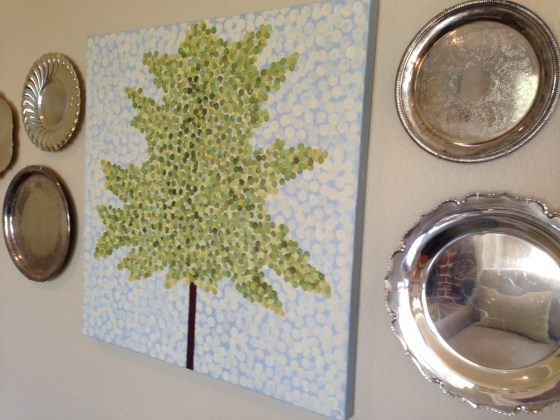 Family Room Tree Art and Silver Trays